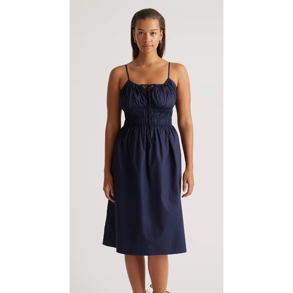 Quince Navy Blue 100% Organic Cotton Keyhole Midi Dress Smocked Waist Small NEW
